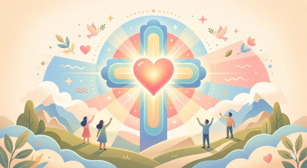 La Croix Signe d’Amour - une grande croix stylisée dont le centre irradie un cœur lumineux